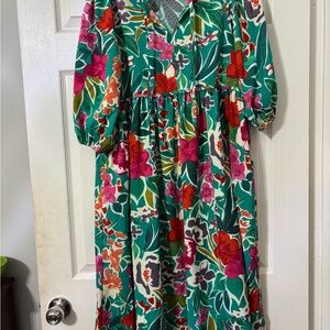 Umgee Green Floral Midi Dress with Pink & Red Flowers